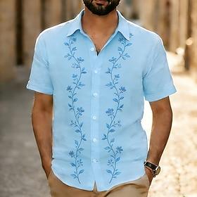 Herre Blomstret mønster Etnisk Blomster Skjorte Guayabera skjorte Button Up skjorte Kortærmet Vintage retro Daglig udendørs Ferierejse Sommer Forår Aftæpning 3
