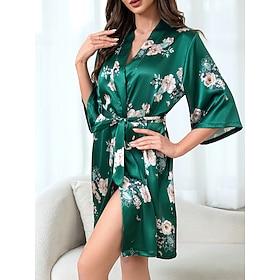 Women's Loungewear Robe Nightgown Fashion Casual Floral Graphic Satin Silky Pajamas Pyjamas Patchwork Dress Vacation Street Date Long Sleeve Crew Neck Green Su