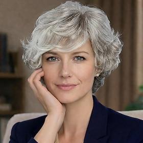 Short Wavy Silver Grey Wig for Women - Natural Layered White Mixed Grey Synthetic Hair with Bangs