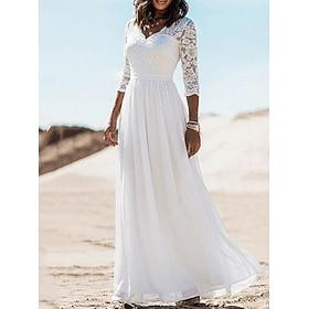 Women's Maxi Dress Chiffon Dress Lace Dress White Dress Elegant Vacation Wedding Holiday Regular Fit Plain 3/4 Length Sleeve V Neck White Champagne Pink Navy B