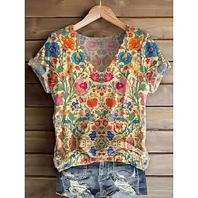 Women's T Shirt Print Floral Graphic Tribal Stylish Classic Casual Short Sleeve V Neck Regular Tops Casual Daily Blue Yellow Red Orange Green Summer Spring