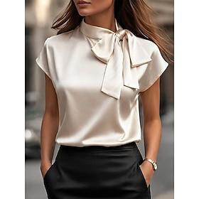 Women's Satin Top T Shirt Bow Solid Color Plain Elegant Stylish Basic Sleeveless Short Sleeve Batwing Sleeve High Neck Regular Tops Casual Daily Going out Blue