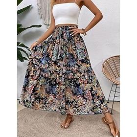 Women's Vacation Skirt Bohemia Vintage Casual Maxi High Waist Skirts Paisley Print Stretchy Daily Street Black Wine Red Orange Summer