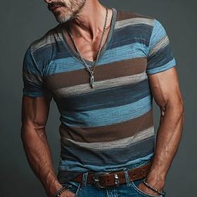 Men's Blue Brown Multi Color Horizontal Stripes Vintage Heathered Retro T Shirt Tee All Over Print V Neck Slim Muscle Fit Casual Daily Wear Designer Clothing A