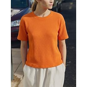 Dame T-shirt T-Shirts Vaffelstrikkede toppe Helfarve Klassisk Moderne Afslappet Kortærmet Rund hals Almindelige toppe Afslappet Daglig I-byen-tøj Sort Hvid Gul