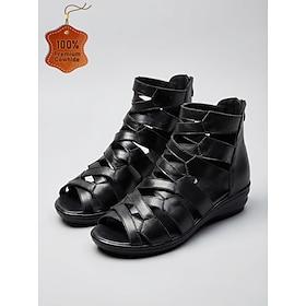 Women's Black Gladiator Peep Toe Sandals – Genuine Cowhide Leather Woven Strap Sandals with Back Zipper, Casual Summer Shoes for Travel, Summer  Daily Wear