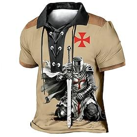 Men's Knights Templar Polo Shirts Short Sleeve Polo Shirts Lapel Vintage Casual Streetwear Daily Wear 3D Print Breathable Mesh Spring Summer Blue Dark Brown B