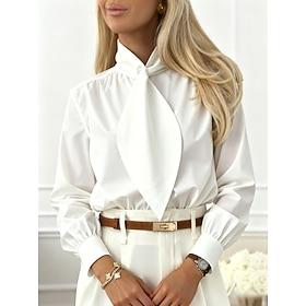 Dame Bluse Blondér Helfarve Elegant Stilfuld Basale Langærmet Binde hals Almindelige toppe Daglig Streetwear Arbejde Sort Hvid Forår Efterår