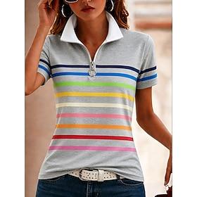 Women's T Shirt Zipper Quarter Zip Striped Graphic Color Block Striped Vintage Tropical Hawaiian Short Sleeve High Neck Regular Tops Beach Wedding Casual Daily