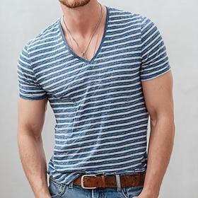 Men's Blue White Horizontal Stripes Slub Texture Vintage Retro Nautical V Neck T Shirt Tee All Over Print Slim Muscle Fit Summer Beach Daily Casual Designer Cl