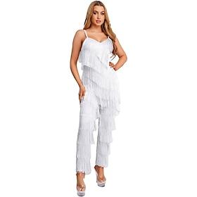 White Tiered Fringe Jumpsuit - Sparkling Sequin Latin Samba Dance Performance Costume for Women