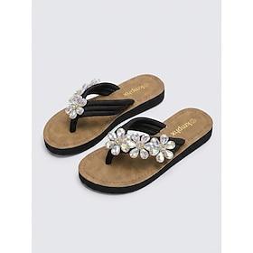 Women's Black Thong Sandals with Crystal Flower Accents - Sparkling Floral Beach Flip Flops with Comfortable Cushioned Sole for Tropical Vacations, Poolside Pa