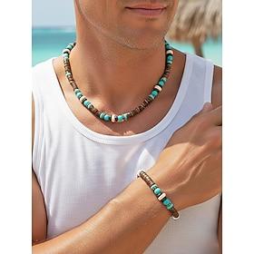 Herre boheme træperlehalskæde og armbåndssæt, naturligt træmateriale, flerfarvet, tilbehør til strandferie og afslappet hverdagsbrug