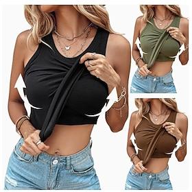 Dame Tanktop Vanlig Mode Stilfuld Afslappet Uden ærmer Rund hals Almindelige toppe Daglig I-byen-tøj Weekend Sort Hvid Gul Brun Grøn Sommer Forår
