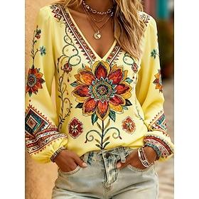 Women's Shirt Boho Shirt Print Floral Graphic Elegant Bohemia Vacation Long Sleeve V Neck Regular Tops Casual Daily Holiday Blue Black Yellow Pink Royal Blue S