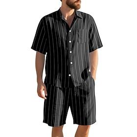 Herre Linned skjorte 2 Dele Skjorte sæt Og Shorts Linneshorts Strandshorts Sæt Stribet Daglig udendørs Strand Aftæpning Kortærmet Sommer Mode Afslappet Bekvem