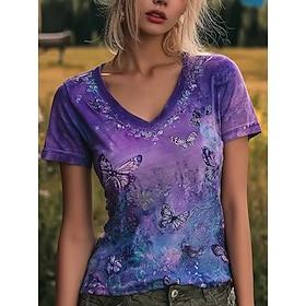 Women's T Shirt Print Floral Graphic Butterfly Stylish Classic Casual Short Sleeve V Neck Regular Tops Casual Daily Pink Purple Summer Spring