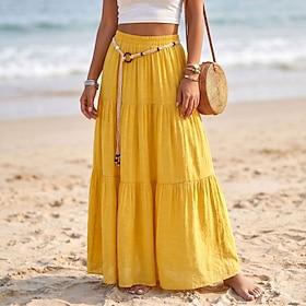 Women's Linen Blend Vacation Skirt Casual Maxi High Waist Skirts Beach Holiday Lake blue Black White Yellow Summer
