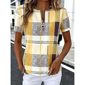Women's T Shirt Quarter Zip Graphic Plaid Stylish Classic Casual Short Sleeve Crew Neck Regular Tops Daily Sports Going out Yellow Summer Spring