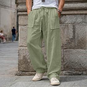 Men's Linen Pants Trousers Summer Pants Baggy Pants Drawstring Pocket Elastic Waist Plain Comfort Breathable Full Length Casual Daily Holiday Vacation Fashion