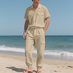 Herre Linned skjorte 2 Dele Skjorte sæt Og Cargo-bukser Linnedbukser Bukser Sæt Vanlig Afslappet Daglig udendørs Aftæpning Kort Ærme Sommer Mode Afslappet Bekv