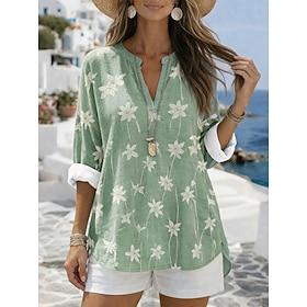 Dame Bluse Trykt mønster Blomstret Grafisk Årgang Daglig Stilfuld Langærmet V-hals Almindelige toppe Afslappet Daglig Ferie Blå Lilla Grøn Kakifarvet Sommer Fo