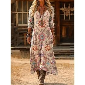 Dame Midikjole Sommerkjole Ferie Afslappet Boheme Daglig Regulær Grafisk Farveblok Abstrakt Langærmet V-hals Beige Sommer Forår
