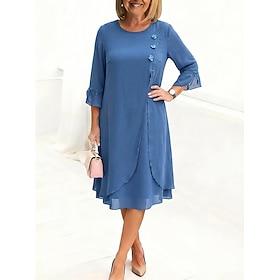 Women's Midi Dress Chiffon Dress Cocktail Dress Elegant Fashion Outdoor Vacation Going out Loose Fit Plain Long Sleeve Crew Neck Blue Black Summer Spring