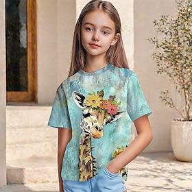 Pige 3D Grafisk Dyr Giraf T-shirt Kortærmet 3D-udskrivning Forår Aktiv Sød Stil Børn 5-12 år Afslappet Daglig Skole Regulær
