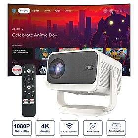 Smart projektor med Google TV, native 1080p projektor understøtter 4k, autofokus Auto Keystone, 180 graders roterende stativ, 5G wifi BT filmprojektor til hjem