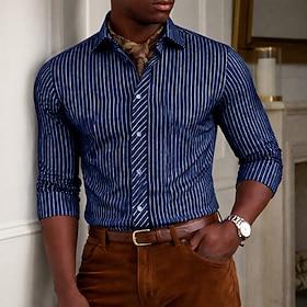 Men's Shirt Dress Shirt Button Up Shirt Vertical Stripes Daily Business Blue Light Blue Navy Blue Royal Blue Long Sleeve Turndown Spring All Seasons Clothing A