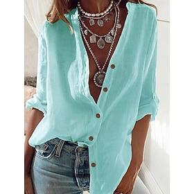 Women's Tunic Button Up Long Cotton Top White Cotton Top Plain Daily Basic Casual Long Sleeve Standing Collar Long Tops Casual Daily Work Blue Black White Red