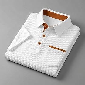 Herre Ice Silk seersucker polo Vaffelstrikket poloshirt Afslappet Forretning Klassisk Kortærmet Mode Moderne Helfarve Patchwork Lomme Sommer Forår Regulær Sort