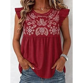 Dame T-shirt Tee Top Broderi Blomstret Boheme Årgang Afslappet Uden ærmer Rund hals Almindelige toppe Daglig I-byen-tøj Weekend Blå Sort Rød Grøn Grå Sommer Fo