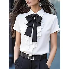 Dame Skjorte Bluse Flæseskjorte Drapering Sløjfer Helfarve Stilfuld Basale Klassisk Kortærmet Krave Almindelige toppe Daglig Ferie I-byen-tøj Sort Hvid Gul Rød