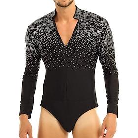 Men's Black Latin Ballroom Dance Shirt Bodysuit - Rhinestone Starry Leotard for Salsa, Cha Cha  Professional Performance