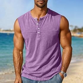 Men's Vest Top Undershirt Sleeveless Shirt Sleeveless Henley Summer Plain Fashion Designer Sporty Pocket Casual Vacation Street Blue Purple Khaki Top Tee for M