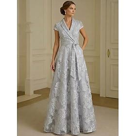 A-linje Kjoler Gulvlang Cocktail Kjole Kjole til brudens mor Kortærmet V-hals Knaphul Elegant Årgang Enkel Formel Bryllupsgæst Kentucky Derby Organza Jacquard