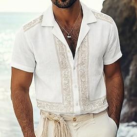 Men's Ethnic Intricate Floral Flowers Shirt Guayabera Shirt Camp Collar Shirt Short Sleeves Vintage Retro Casual Daily Beach Vacation Wear Summer Spring Cuban