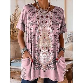Dame T-shirt Trykt mønster Grafisk Geometrisk Paisley Årgang Stilfuld Afslappet Kortærmet Rund hals Lange toppe Daglig Weekend Lyserød Sommer Forår