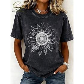Dame T-shirt Trykt mønster Syrevask Vintage vask Grafisk Planter Bogstaver Stilfuld Basale Klassisk Kortærmet Rund hals Almindelige toppe Afslappet Daglig Blå