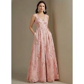 A-linje Gulvlang Blomster kjole Aften Kjoler Elegant Blomster Uden ærmer V-hals Havefest Bryllup Lomme Blondelukning Organza Cowlhals med Blomsterprint Plissé
