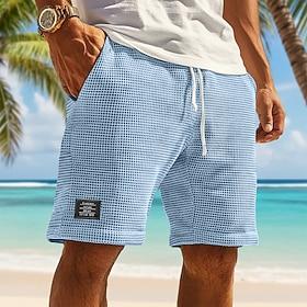 Men's Waffle Shorts Summer Shorts Beach Shorts Casual Shorts Drawstring Elastic Waist Solid Color Comfort Knee Length Daily Outdoor Streetwear Vacation Fashion