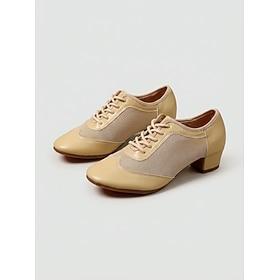 Beige damesko med snørebånd til ballroom-danse, professionelle lukkede hæle til øvelse med vals, foxtrot og tango træning