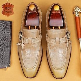 Herresko i premium ægte læder med beige krokodilleprægning og dobbelt munkerem, luksuriøst formelt slip-on-fodtøj til brudgom, bryllupsgæster, banketter og raf