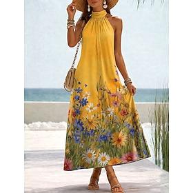 Dame Maxikjole Sommerkjole A Linje Kjole Ferie Strand Løstsiddende Blomstret Grafisk Uden ærmer Halterhals Blå Gul Lyserød Sommer Forår