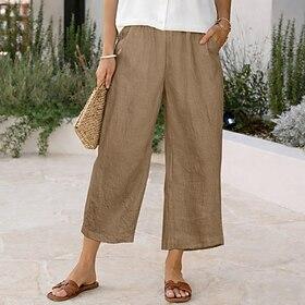 Dame Bukser 100% Bomull Posede bukser Strandbukser Ferie Mode Basale Fuld længde Høj Talje Helfarve Vanlig Lomme Bredt Bukseben Elastisk talje Komfort Blød Ånd