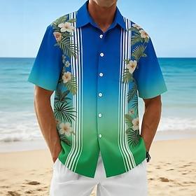 Men's Striped Tropical Flowers Palm Leaf Hawaiian Shirt Tropical Shirts Aloha Shirt Short Sleeve Hawaiian Beach Vacation Wear Summer Turndown 3D Print Front On