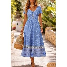 Dame Midikjole Boho-kjole Sommerkjole Hverdagskjole Etnisk kjole Elegant Boheme Ferie Strand Ferie Stævnemøde Regulær Blomstret Grafisk Paisley Kortærmet V-hal