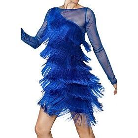 Women's Royal Blue Latin Dance Dress - Asymmetric Mesh Tassel Mini Dress for Salsa, Cha Cha Ballroom Competition